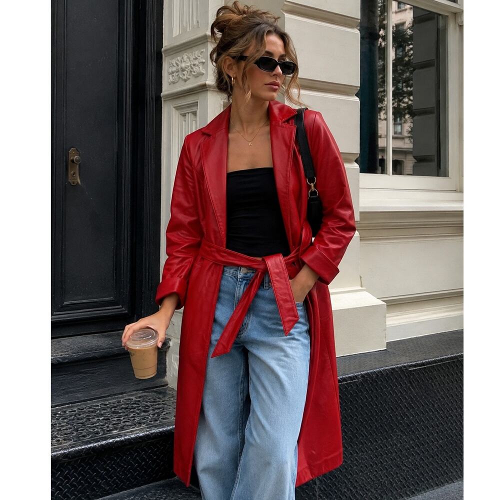 Vintage 100% Genuine Leather Red Longline 1990's Trench Style Coat